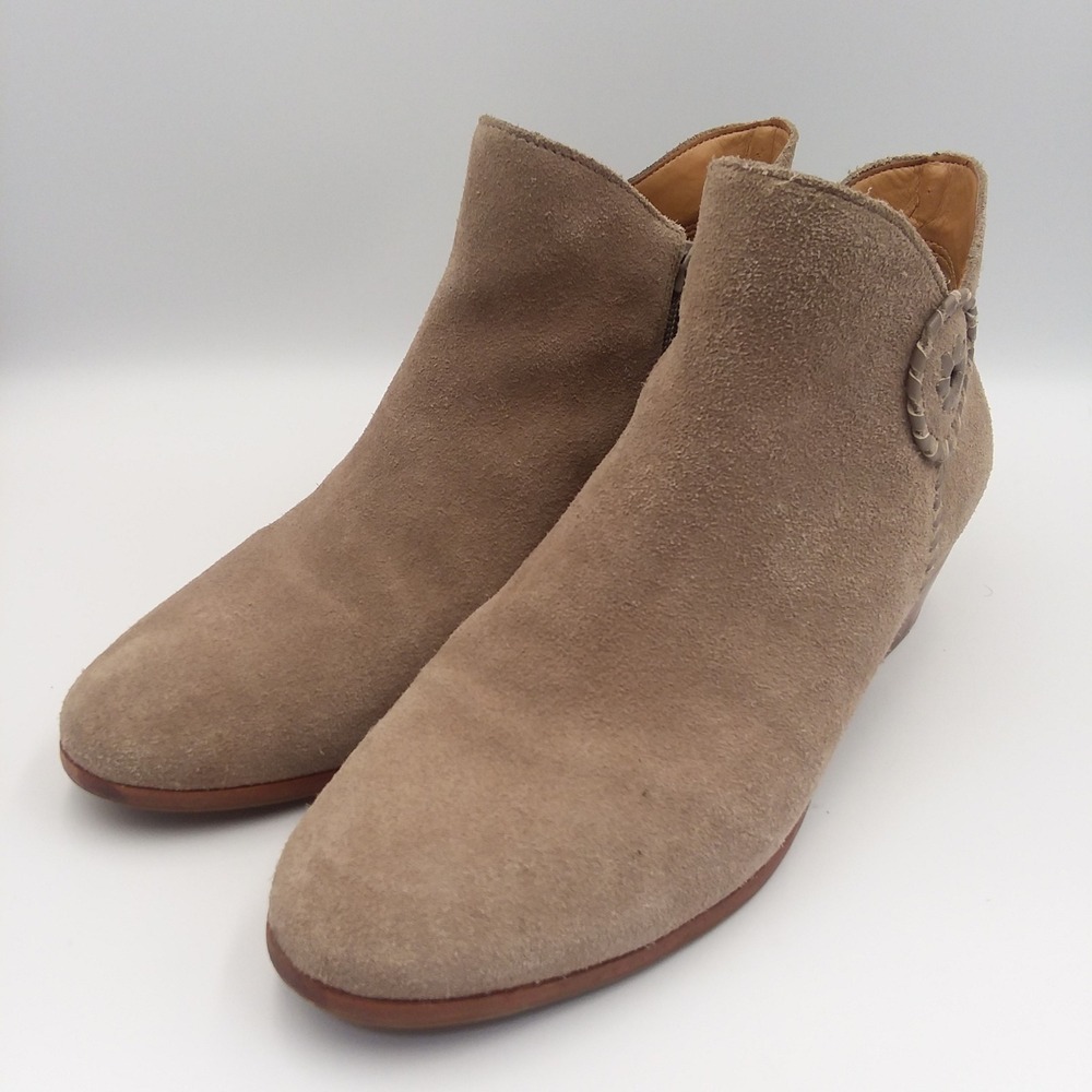 Jack Rogers Tan Suede Ankle Boots Side Zipper Womens‎ 8.5 Flower Detail Low Heel